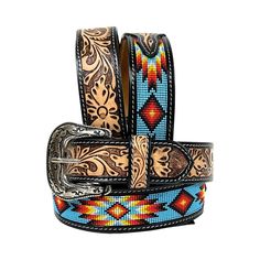 "- Unisex Full-grain heavy duty 1.5 inch wide beaded leather belt with removable belt buckle.   - Handmade Accented with a hand tooled basket weave finish and beaded inlay.   - We recommend to go 2\" up from your waist size for a comfortable fit.   -Removable Buckle -Real Cow Leather -Handmade and Hand Tooled Personalized items are Non-returnable and Non-Refundable.Personalization is on the lining of the belt." Multicolor Embroidered Leather Belt, Adjustable Beaded Brown Belt, Adjustable Brown Beaded Belt, Adjustable Multicolor Leather Belts, Western Rodeo, Branded Belts, Beaded Belt, Bead Leather, Basket Weave