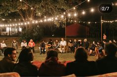 a group of people sitting on top of a grass covered field next to a tree