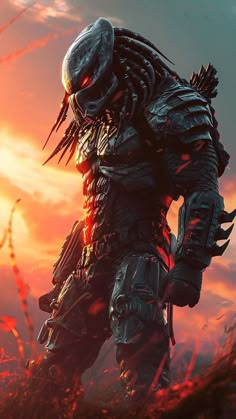 the predator character from alien hunter is standing in front of an orange and red sunset