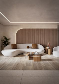 a modern living room with white furniture and wood paneling