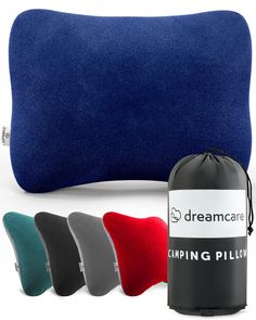 the sleeping pillow has four different colors and is next to it's zippered pouch