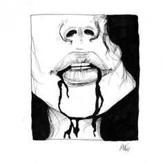 a black and white drawing of a woman's face with blood dripping from her mouth