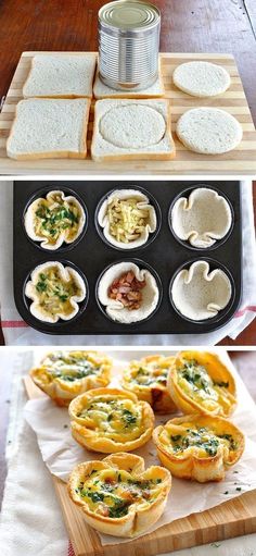 there are many different types of food in the pans on this table, including muffins and cupcakes