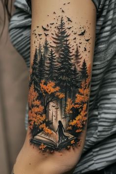 a person with a book and trees on their arm