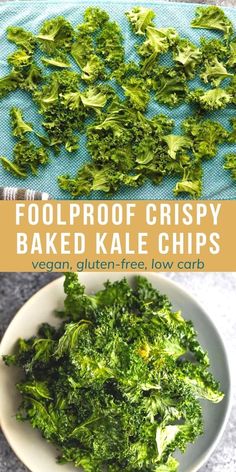 a bowl filled with cooked kale chips on top of a blue towel next to a plate