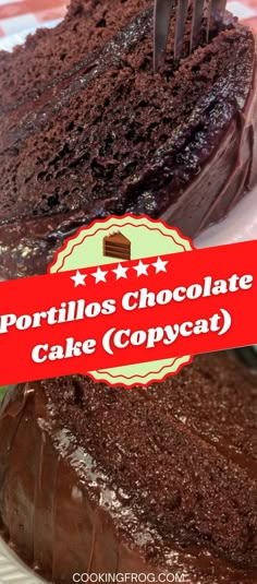 a fork sticking into a chocolate cake with the words portillos chocolate cake copycab