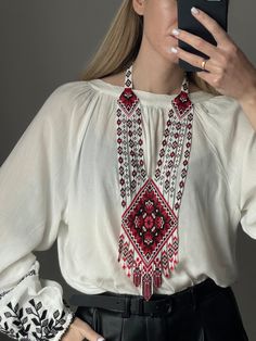 Red Handwoven Beaded Necklace For Festivals, Handwoven Red Beaded Necklace For Festivals, Traditional Embroidered Beaded Necklaces For Festivals, Gift Red Handwoven Beaded Necklaces, Red Handwoven Necklaces With Round Beads, Handwoven Red Beads For Gifts, Red Handwoven Beads For Festival, Artisan Red Beaded Necklaces Handwoven, Artisan Red Handwoven Beaded Necklaces