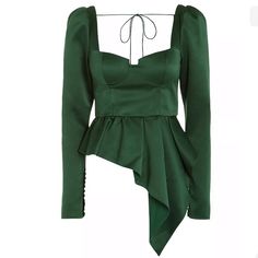 This Top Is Cut From Green Duchess Satin. The Style Is Fitted Through The Bodice And Falls To An Asymmetric Peplum Hem. This Style Is Lined. Material: 100% Polyester Lining: 100% Polyester, Fully Lined Care Instructions: Dry Clean Zipped Back, Hook-Fastening Back Buttoned Cuffs True To Size Price Is Firm Brand New And 100% Authentic Duchess Satin, Asymmetrical Tops, Satin Top, Green Satin, Green Tops, Green Blouse, Asymmetrical Hem, Satin Dresses, Self Portrait