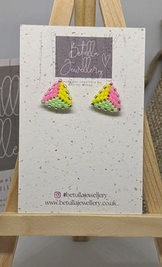 Beautiful beaded triangle shaped stud earrings with sterling silver posts and butterfly backs. Made with high quality Miyuki glass beads.  Please get in touch if you would like these earrings making in a different colour combination. Elegant Triangle Beaded Earrings Gift, Bead Earrings Triangle, Triangle Beaded Earrings Native, Seed Bead Triangle Earrings, Triangle Miyuki Earrings, Neon Triangle, Earrings Making, Sterling Silver Stud Earrings, Silver Stud Earrings