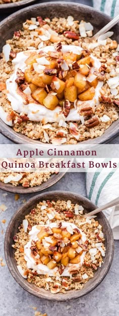 an apple cinnamon quinoa breakfast bowl with yogurt and granola on top