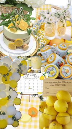 a table with lemons and cake on it