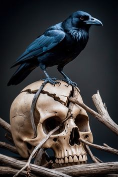 a crow sitting on top of a human skull