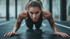 a woman is doing push ups on the floor