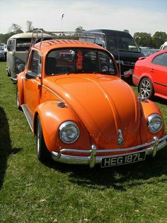 an orange vw bug parked on top of a grass covered field next to other cars