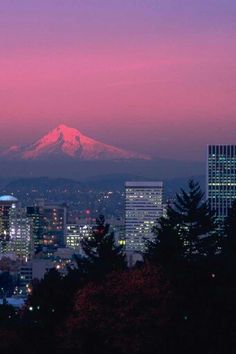 the city skyline is lit up at night with a view of mt rainier in the distance