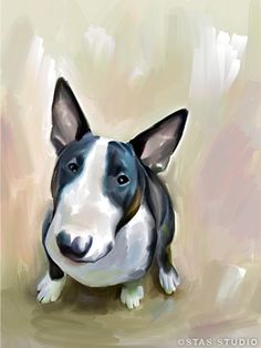 a painting of a black and white dog sitting on the ground with his eyes closed