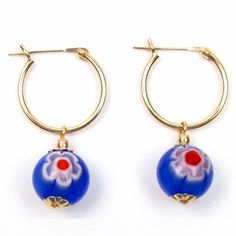 "Gorgeous blue Venetian glass bead hoop earrings.      Bead: 10mm blue Venetian glass beads with flower pattern      Metal: variable: 14K solid yellow gold; gold plated 925 sterling silver; 925 sterling silver      Hoop measurement:  variable           14K Gold: 15mm (diameter) X 1.25mm (tube thickness)           Silver with gold plating: 15mm (diameter) X 1.5mm (tube thickness)           Silver: 15mm (diameter) X 1.5mm (tube thickness)     Earring measurement: 1 1/2\" in length including the bead Actual bead may vary in size, pattern, shape and color." Nickel-free Blue Small Hoop Jewelry, Blue Hypoallergenic Hoop Jewelry, Hypoallergenic Round Glass Jewelry, Hypoallergenic Blue Hoop Jewelry, Blue Hypoallergenic Small Hoop Jewelry, Blue Round Bead Hoop Earrings Gift, Hypoallergenic Blue Small Hoop Jewelry, Blue Hoop Earrings With Round Beads As Gift, Blue Round Czech Glass Jewelry