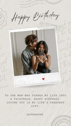 a happy birthday card with an image of a man and woman looking at a cell phone