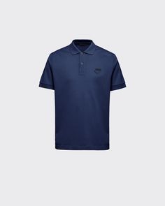 Navy Piqué polo shirt | PRADA Designer Short Sleeve Tops With Ribbed Collar, Designer Short Sleeve Top With Ribbed Collar, Designer Cotton Tops With Ribbed Collar, Luxury Blue Collared Polo Shirt, Luxury Fitted Short Sleeve Polo Shirt, Fitted Short Sleeve Luxury Polo Shirt, Designer Collared Polo Shirt For Formal Occasions, Luxury Fitted Polo Shirt, Luxury Fitted Polo Shirt With Collared Neckline