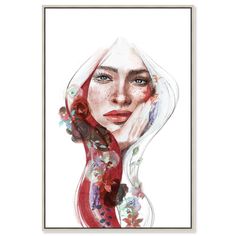 a watercolor painting of a woman's face with flowers in her hair and scarf around her neck