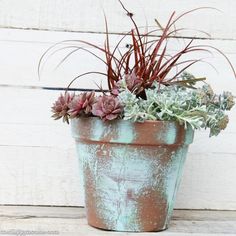 a potted plant with succulents and other plants in it on a wooden table