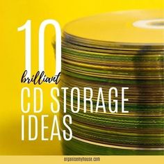 a stack of cds with the words brilliant cd storage ideas on it in front of a yellow background