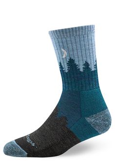 Wool socks with trees and crescent moon and cushioned sole Pine Silhouette, Hiking Socks Womens, Darn Tough Socks, Tough Style, Wool Hiking Socks, Womens Wool Socks, Socks Outfit, Tough Woman, Hiking Socks