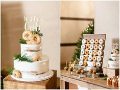 a wedding cake with donuts and pine cones on the top is displayed next to other desserts