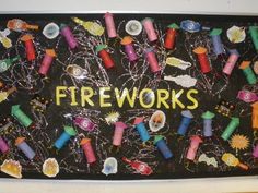 a fire works bulletin board with lots of different items on it and the words fireworks written in yellow