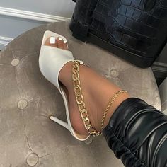 Slip On Heels, Square Toe Sandals, Heels High, Lace Up Heels, Metal Chain, Chunky Heels, Chain Strap, Slip On Sandal, Pumps Heels