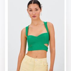 Stradivarius V-Neck Top With Cut-Out Details At The Hem. Gorgeous Green Brand New Size Small Spring Cutout Crop Top, Trendy Summer Crop Top With Cutout, Chic Cutout Tops For Spring, Chic Green Crop Top, Chic Cutout Crop Top For Party, Chic Party Crop Top With Cutout, Chic Green Cropped Crop Top, Green Chic Cropped Crop Top, Spring Party Crop Top With Cutout