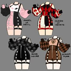 four different types of women's clothing with their names in english and japanese characters