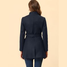 This coat turns casual outerwear into a fashion-forward statement. Step out in style on even the dreariest days with the one-button belted long coat. Those neutral colors on this belted coat with wide lapels maintain a grounded, mature style that will never go out of fashion. Paired well with a crossbody for a day out. Team it with pumps and a bold red lip for an evening look. Fitted Outerwear With Stand Collar In Solid Color, Fall Outerwear With Double Button And Stand Collar, Chic Blue Outerwear, Fitted Solid Color Pea Coat, Stand Collar Outerwear For Office, Fitted Outerwear With Lapel Collar In Solid Color, Fitted Solid Color Outerwear With Lapel Collar, Blue Belted Double-breasted Outerwear, Tailored Fall Outerwear With Stand Collar