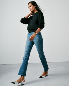 Crafted from premium, 4-way stretch denim designed to hug your curves, our jeans are engineered with built-in targeted SPANX TummyTamer Tech™ that shapes your waist. Plus, a kick flare style elongates the leg and celebrates your figure. All you have to do is pull these on: no zippers, no buttons, no hip pockets (so no bulk!). This is denim done right. | Spanx Women's SPANXshape EveryWear Kick Flare Jeans, Vintage Indigo Black Ankle Jeans, Most Flattering Jeans, Pull On Jeans For Women, Versatile Relaxed Fit Flare Jeans With Pockets, Versatile Everyday Flare Jeans With Pockets, Chic Flare Jeans With Five Pockets In Rigid Denim, Chic Dark Wash Relaxed Fit Flare Jeans, Chic Black Relaxed Fit Flare Jeans, Kick Flare Jeans