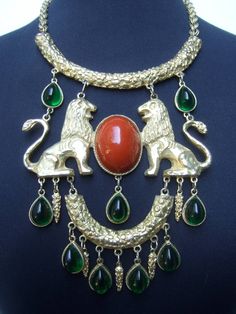 Extraordinary Massive Lion Cabochon Necklace Attributed to Donald Stannard For Sale at 1stdibs Gripoix Jewelry, Lion Tail, Egyptian Revival Jewelry, 80s Jewelry, Interesting Jewelry, Cabochon Necklace, Large Necklace, Egyptian Revival, Beaded Jewellery