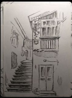 a drawing of stairs leading up to a building