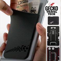 a hand holding a smart phone with money in it's pocket and an ad for gecko travel tech