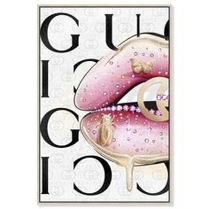 a pink poster with the word gucci on it's bottom and an image of a