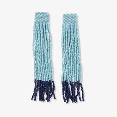 Ila Thick Stripe Mixed Luxe Beads Fringe Earrings Light Blue SHORT FRINGE Elegant Light Blue Beaded Drop Earrings, Elegant Light Blue Beaded Earrings, Precision Cut, Human Hand, Beaded Fringe, Brass Hardware, Fringe Earrings, Accessories Branding, Outfit Details