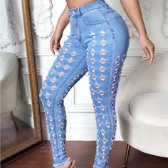 Brand New Without Tags Never Worn. Spring Denim Blue Bottoms With Holes, Blue Bottoms With Holes For Spring, Blue Jeans With Holes For Spring, Fitted Ripped Light Blue Bottoms, Cute Dress Outfits, Ripped Jeans, Cute Dresses, Women Jeans, Dress Outfits