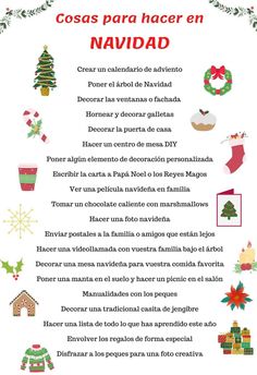 a christmas card with the words in spanish, and pictures of different things on it