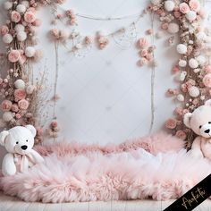 two teddy bears sitting in front of a backdrop with pink flowers and pom - poms