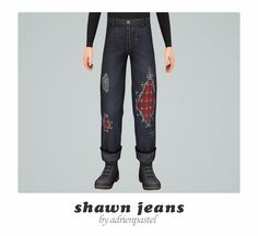 an image of a person wearing jeans with patches on them and the words shawn jeans by adrenpasted