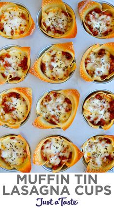 twelve mini pizzas with cheese and sauce in muffin tins