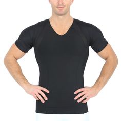 Mesh Panel Compression Shirt - VS2307 Insta Slim offers our new Mesh Panel Compression Shirt to our collection. Our compression fabric blend of 72% nylon and 28% spandex provides all over compression throughout the fabric. The featured mesh panels located in key regions along your spine and collarbone provides ample airflow and breathability. Along with the targeted panels, the garment features flatlock seams to reduce chafing for better comfort. The magic is in the fabric! The blended fabric th Black V-neck Top For Sportswear, Black V-neck Sportswear Top, Black V-neck Moisture-wicking T-shirt, Supportive Black Gym Tops, Supportive Compression Tops With Breathability, Fitted V-neck T-shirt For Workout, Black V-neck Sports T-shirt, Supportive Compression Top With Breathable Fabric, Black V-neck Tops For Sports Events