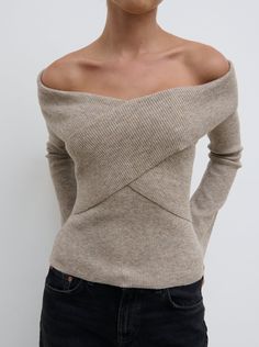 Daphne Cross Over Knit Top - Beige Fine Knit Tops, Cute Tops Winter, Writer Outfits Aesthetic, Knitted Tops Outfit, Timeless Clothing Pieces, Tops For Winter, Summer Work Outfit, Classy Tops, Cross Over Top