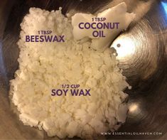 the ingredients to make coconut oil in a bowl are labeled with 1 / 2 cup soy wax