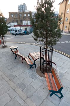 two park benches sitting next to each other near a tree