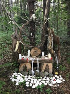 a bench made out of logs in the woods with candles on it and other items around it