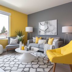 a living room with yellow and gray furniture